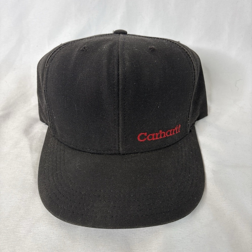 Vtg Carhartt Black Cotton Canvas Snapback Hat Cap With Red Made In USA OSFA